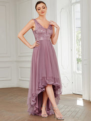 Weitese Fashion High-Low Deep V Neck Tulle Prom Dresses with Sequin Appliques