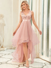 Weitese Sleeveless V-back Tulle High-Low Sequin Appliques Evening Dresses