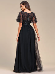 Weitese Women's A-Line Short Sleeve Embroidery Floor Length Evening Dresses