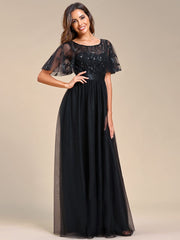 Weitese Women's A-Line Short Sleeve Embroidery Floor Length Evening Dresses