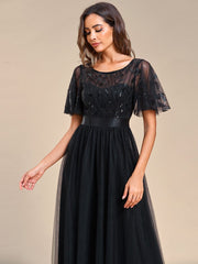 Weitese Women's A-Line Short Sleeve Embroidery Floor Length Evening Dresses