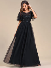 Weitese Women's A-Line Short Sleeve Embroidery Floor Length Evening Dresses