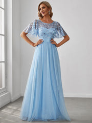 Weitese Women's A-Line Short Sleeve Embroidery Floor Length Evening Dresses