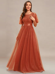 Weitese Women's A-Line Short Sleeve Embroidery Floor Length Evening Dresses