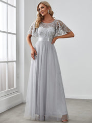 Weitese Women's A-Line Short Sleeve Embroidery Floor Length Evening Dresses