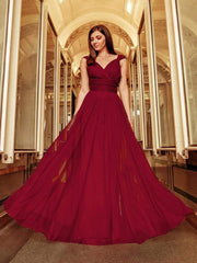 Weitese Floor Length Double V Neck Tulle Bridesmaid Dresses