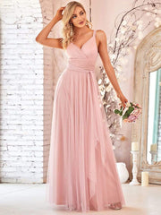 Weitese Floor Length Double V Neck Tulle Bridesmaid Dresses