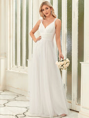 Weitese Floor Length Double V Neck Tulle Bridesmaid Dresses