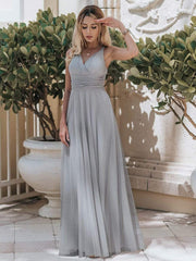 Weitese Floor Length Double V Neck Tulle Bridesmaid Dresses