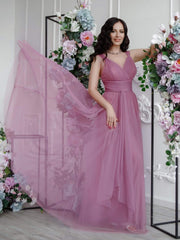 Weitese Floor Length Double V Neck Tulle Bridesmaid Dresses