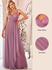 Weitese Floor Length Double V Neck Tulle Bridesmaid Dresses