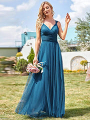Weitese Floor Length Double V Neck Tulle Bridesmaid Dresses
