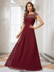 Weitese Elegant Lace Cap Sleeve Maxi Long Chiffon Bridesmaid Dress