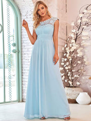 Weitese Elegant Lace Cap Sleeve Maxi Long Chiffon Bridesmaid Dress