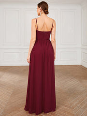 Weitese Chiffon Plunging V-Neck Spaghetti Strap Ruched A-Line Front Slit Bridesmaid Dress