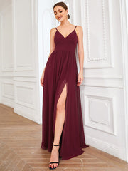 Weitese Chiffon Plunging V-Neck Spaghetti Strap Ruched A-Line Front Slit Bridesmaid Dress