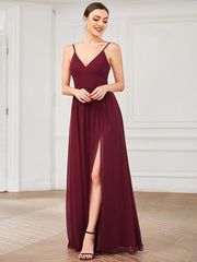 Weitese Chiffon Plunging V-Neck Spaghetti Strap Ruched A-Line Front Slit Bridesmaid Dress