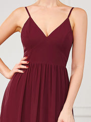 Weitese Chiffon Plunging V-Neck Spaghetti Strap Ruched A-Line Front Slit Bridesmaid Dress