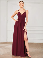 Weitese Chiffon Plunging V-Neck Spaghetti Strap Ruched A-Line Front Slit Bridesmaid Dress