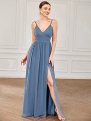 Weitese Chiffon Plunging V-Neck Spaghetti Strap Ruched A-Line Front Slit Bridesmaid Dress