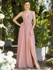 Weitese Chiffon Plunging V-Neck Spaghetti Strap Ruched A-Line Front Slit Bridesmaid Dress