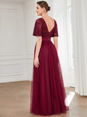 Weitese Short Sleeve Backless Ribbon Waist A-Line Tulle Bridesmaid Dress