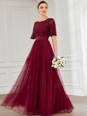 Weitese Short Sleeve Backless Ribbon Waist A-Line Tulle Bridesmaid Dress