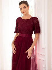 Weitese Short Sleeve Backless Ribbon Waist A-Line Tulle Bridesmaid Dress