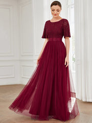 Weitese Short Sleeve Backless Ribbon Waist A-Line Tulle Bridesmaid Dress