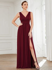Weitese Pleated Chiffon V-Neck Sleeveless Front Slit Bridesmaid Dress