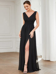 Weitese Pleated Chiffon V-Neck Sleeveless Front Slit Bridesmaid Dress