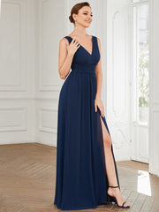 Weitese Pleated Chiffon V-Neck Sleeveless Front Slit Bridesmaid Dress