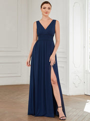 Weitese Pleated Chiffon V-Neck Sleeveless Front Slit Bridesmaid Dress