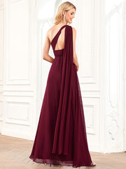 Weitese Asymmetrical Sleeve A-Line Pleated Chiffon Bridesmaid Dress