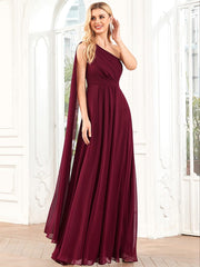 Weitese Asymmetrical Sleeve A-Line Pleated Chiffon Bridesmaid Dress