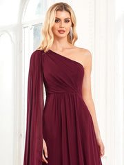 Weitese Asymmetrical Sleeve A-Line Pleated Chiffon Bridesmaid Dress