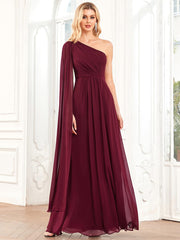 Weitese Asymmetrical Sleeve A-Line Pleated Chiffon Bridesmaid Dress