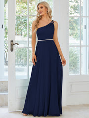 Weitese Flowy Chiffon One-Shoulder with Three Straps Bridesmaid Dress