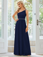 Weitese Flowy Chiffon One-Shoulder with Three Straps Bridesmaid Dress