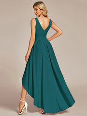 Weitese Deep V-Neck High-Low Sleeveless A-Line Wedding Guest Dress