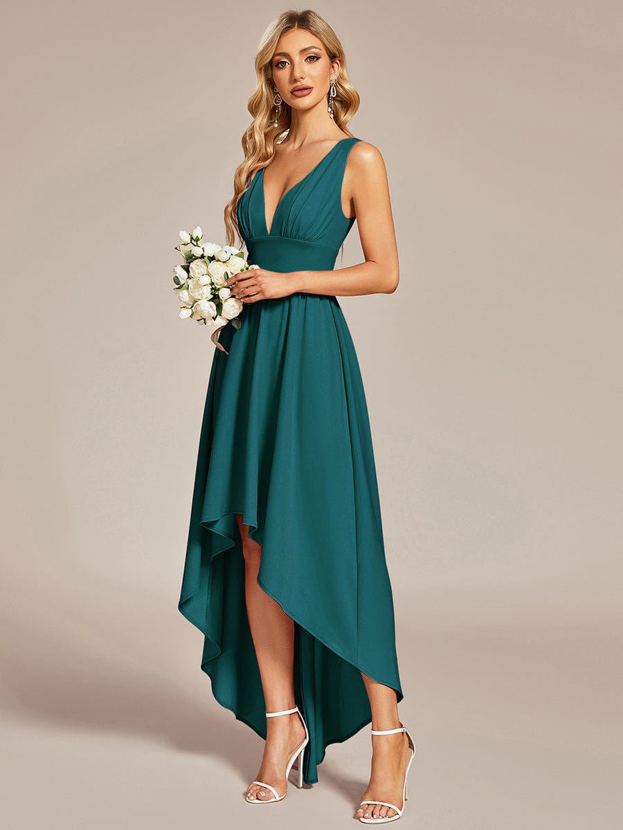 Weitese Deep V-Neck High-Low Sleeveless A-Line Wedding Guest Dress