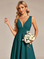 Weitese Deep V-Neck High-Low Sleeveless A-Line Wedding Guest Dress