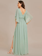 Weitese Half Sleeve V-Neck Pleated High Slit A-Line Chiffon Bridesmaid Dress