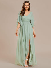 Weitese Half Sleeve V-Neck Pleated High Slit A-Line Chiffon Bridesmaid Dress