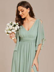 Weitese Half Sleeve V-Neck Pleated High Slit A-Line Chiffon Bridesmaid Dress