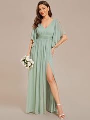 Weitese Half Sleeve V-Neck Pleated High Slit A-Line Chiffon Bridesmaid Dress