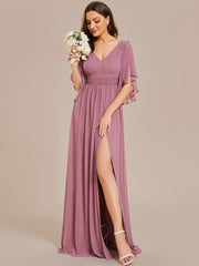Weitese Half Sleeve V-Neck Pleated High Slit A-Line Chiffon Bridesmaid Dress
