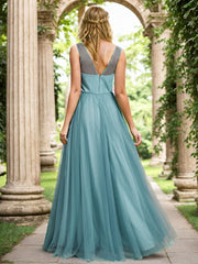 Weitese See-Through Shoulder Strap Flower Decoration Tulle Bridesmaid Dress