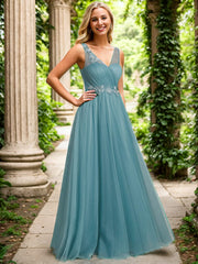 Weitese See-Through Shoulder Strap Flower Decoration Tulle Bridesmaid Dress