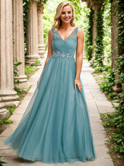 Weitese See-Through Shoulder Strap Flower Decoration Tulle Bridesmaid Dress